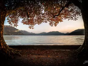 Góry, Jesień, Jezioro, Drzewa