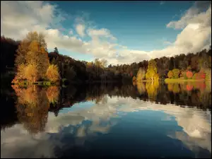Jesień, Odbicie, Jezioro, Drzewa