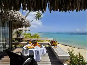 Śniadanie, Ocean, Hotelowy, Tahiti, Taras, Plaża