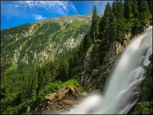 Austria, Wodospad, Góry, Lasy, Alpy