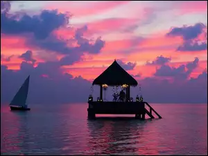 Malediwy, Morze, Altana, Żaglówka, Zachód słońca