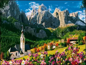 Kościół, Kwiaty, Domy, Góry