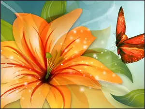 Pomarańczowy, Art, Kwiat, Motyl