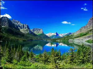 Montana, Góry, Jezioro, Drzewa, Saint Mary