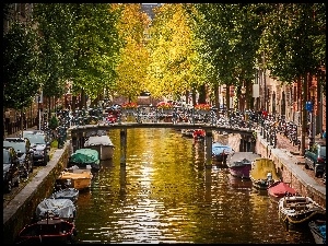 Kanał, Most, Holandia, Jesień, Amsterdam, Łodzie