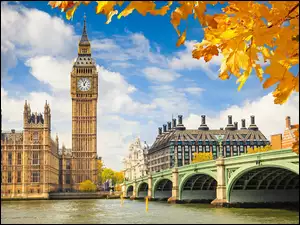 Jesień, Big Ben, Tamiza, Londyn, Most