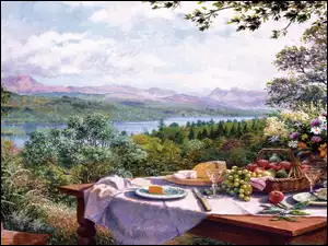 Stół, Obraz, Śniadanie, Krajobraz