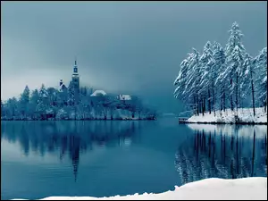 Zima, Wyspa, Śnieg, Jezioro, Drzewa