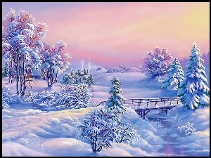 Drzewa, Zima, Domki, Śnieg