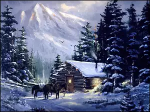Drzewa, Zima, Dom, Konie, Góry