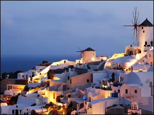 Grecja, Wiatraki, Noc, Domy, Santorini
