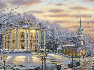 Zima, Narodzenie, Dom, Malarstwo, Kościół, Boże