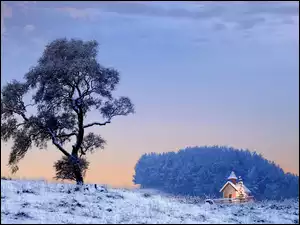 Zima, Kościółek, Śnieg, Drzewo