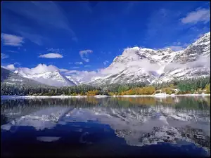 Jezioro, Śnieg, Góry, Chmury