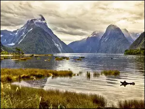 Nowa Zelandia, Jezioro, Chmury, Góry, Milford Sound