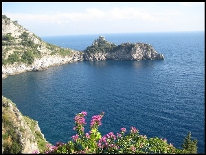 Włochy, Morze, Kwiatki, Skały, Amalfi