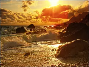 Morze, Słońce, Fale, Skały