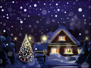 Zima, Narodzenie, Dom, Grafika, Choinka, Boże