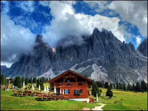 Austria, Góry, Restauracja, Chmury, Drzewa