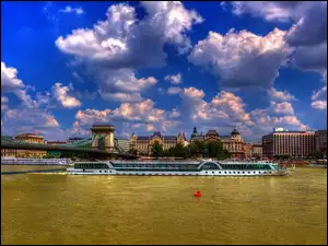 Statek, Panorama, Rzeka, Miasta, Most, Chmury