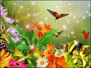 Kolorowe, Art, Kwiaty, Motyle
