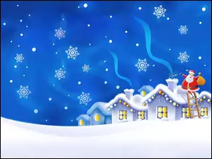 Mikołaj, Gwiazdki, Domki, Śnieg