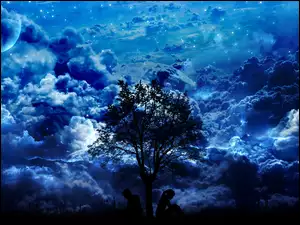 Chmury, Noc, Drzewo, Ludzie