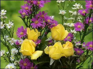 Bukiet, Róże, Kwiatów, Żółte