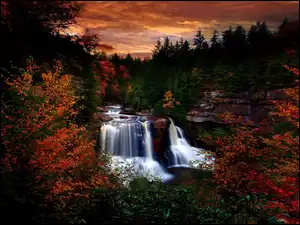 Las, Wieczór, Jesień, Wodospad
