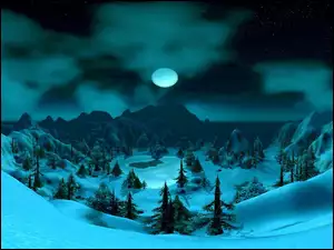 Noc, Zima, Góry, Drzewa, Księżyc