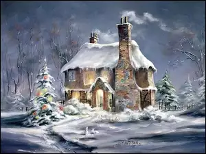 Zima, Narodzenie, Dom, Malarstwo, Choinka, Boże