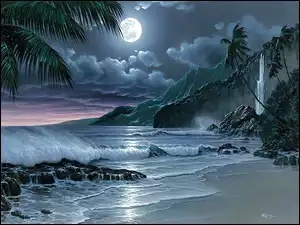 Księżyc, Morze, Góry, Plaża, Noc