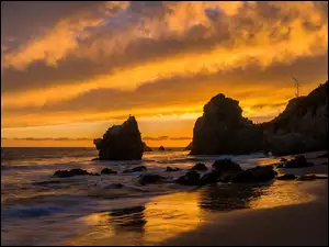 Plaża, El Matador, Morze, Kalifornia, Skały, Zachód Słońca