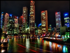 Miasta, Azja, Noc, Singapur, Widok, Wieżowce