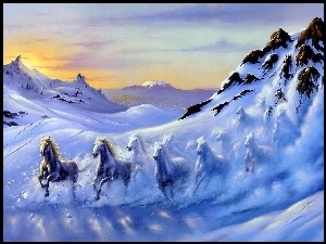 Konie, Zima, Góry, Śnieg, Pędzące