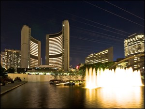 Noc, Toronto, Fontanna, Woda, Architektura