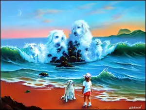 Dziecko, Morze, Fale, Plaża, Psy