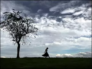 Łąka, Chmury, Kobieta, Drzewo