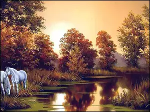 Jesień, Konie, Drzewa, Rzeka