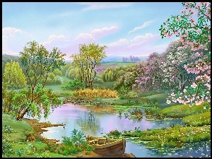 Wiosna, Jezioro, Kwitnące, Łódka, Drzewo