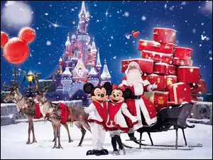 Minnie, Disneyland, Myszka, Sanie, Mikołaj, Miki, Renifery, Śnieg