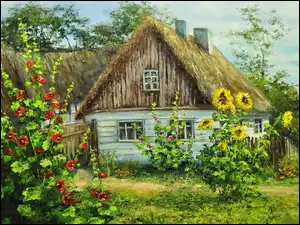 Wiejski, Kwiaty, Dom, Ogród