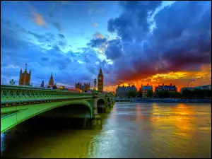 Chmury, Londyn, Most, Anglia, Rzeka, Zachód Słońca