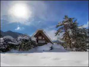 Zima, Góry, Dom, Dolina, Słońce