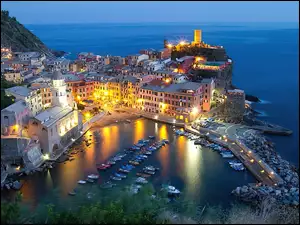 Włochy, Oświetlone, Port, Miasto, Liguria