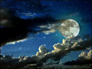 Chmury, Księżyc, Noc, Gwiazdy