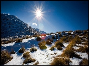 Nowa Zelandia, Zima, Przebijające, Góry, Światło