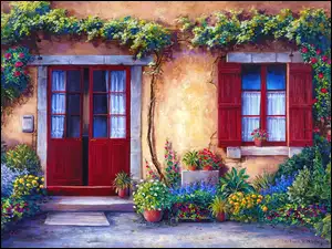 Dom, Kwiaty, Okno, Drzwi