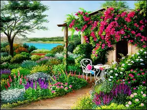 Krzesło, Ogród, Kwiaty, Altanka, Stolik
