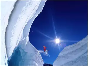 Niebo, Snowboardzista, Słońce, Góry